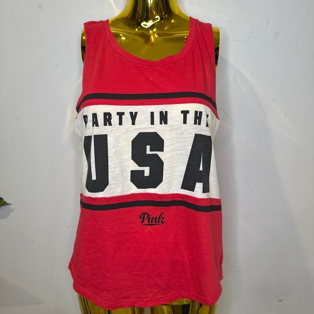 Vintage Y2K Pink Victoria's Secret Party In The USA Tank Top Red White July 4 XS